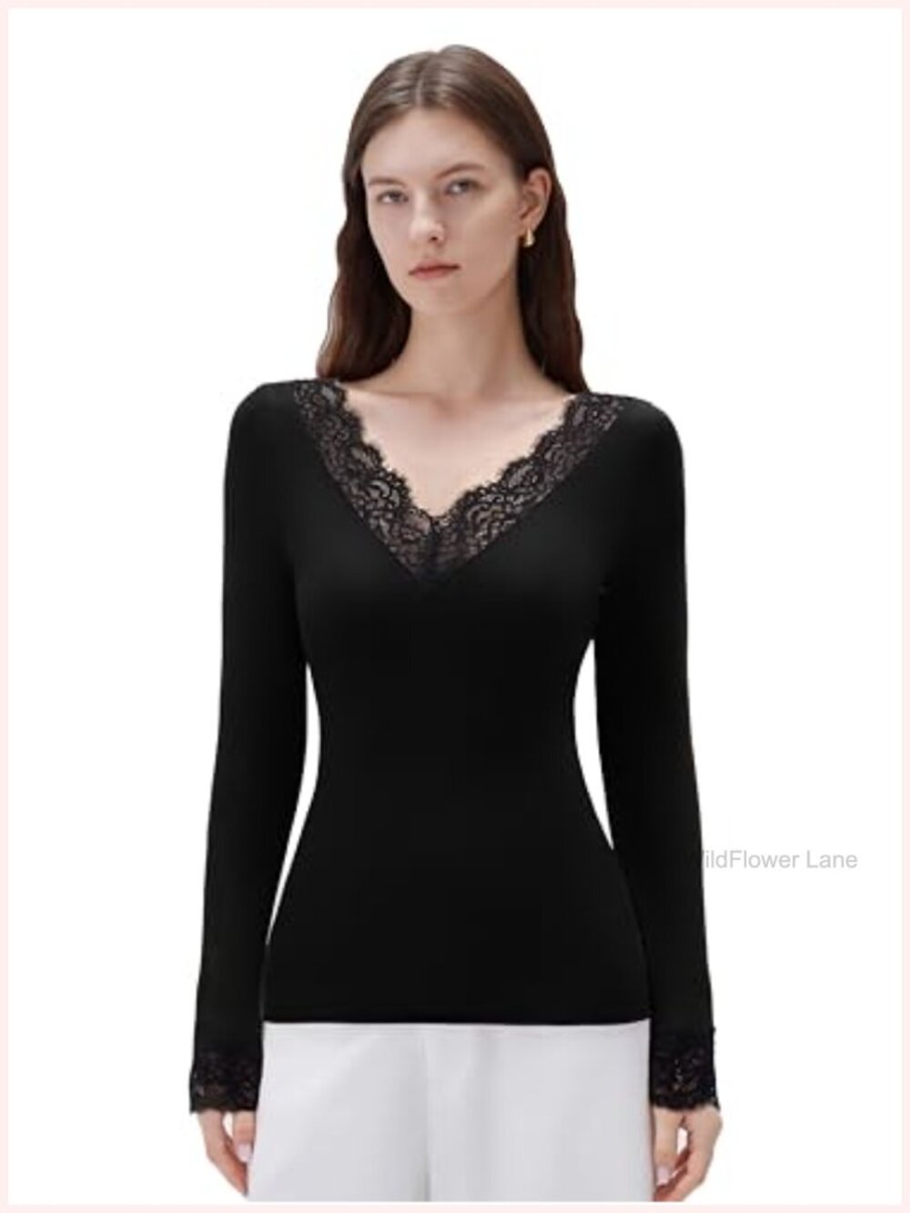 Womens Modal Cashmere Blend Lace V Neck Boat Neck Long Sleeve Top
